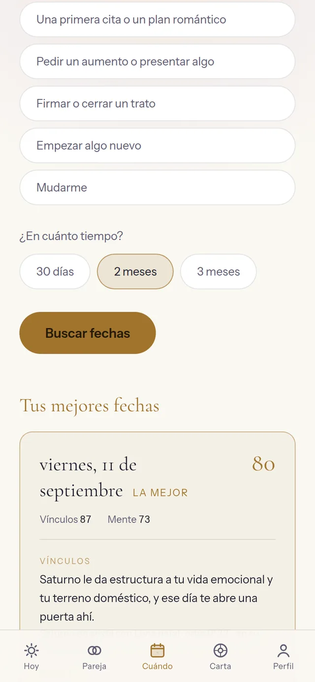 Las mejores fechas para lo que quieres hacer, con la razón exacta